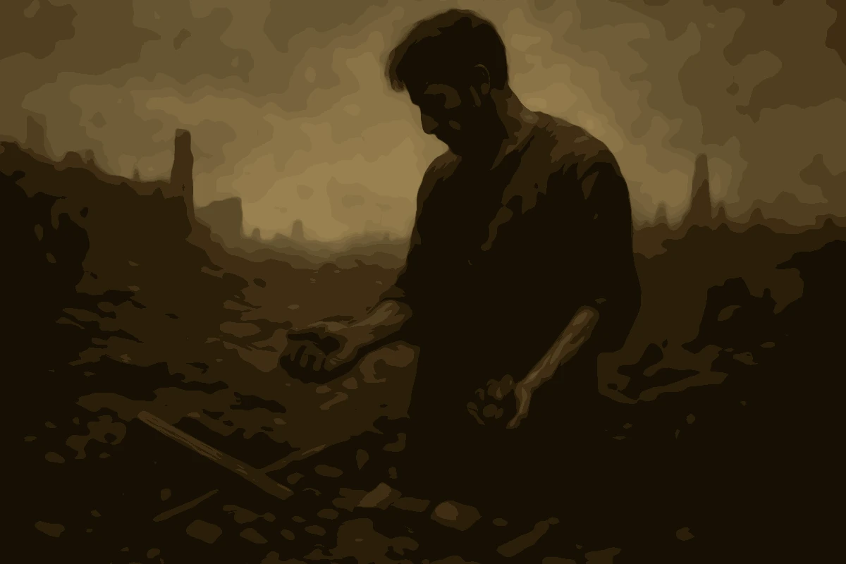 Ein Mann steht inmitten einer zerstörten, dunklen Landschaft und betrachtet die Erde in seinen Händen.