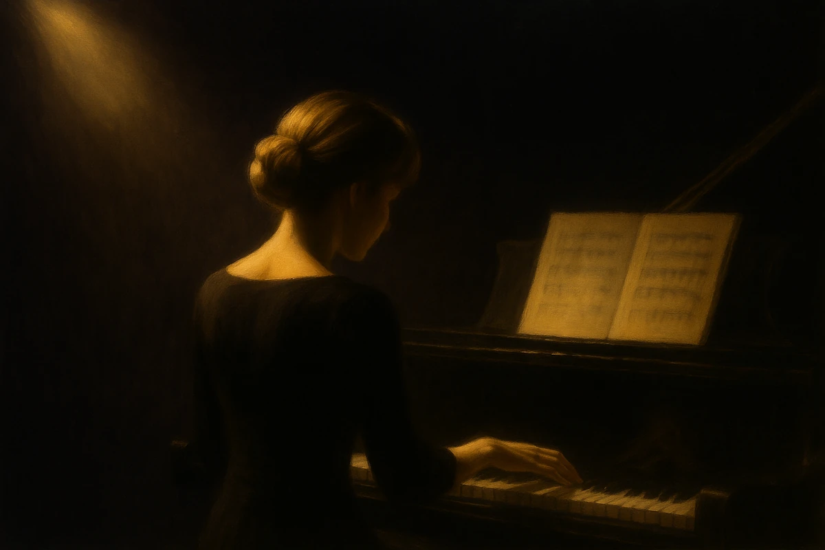 Eine Frau in dunkler Kleidung sitzt an einem Klavier, im warmen, seitlichen Licht. Das Bild hat eine ruhige, malerische Stimmung und symbolisiert Erinnerung, Musik und Gefühl.