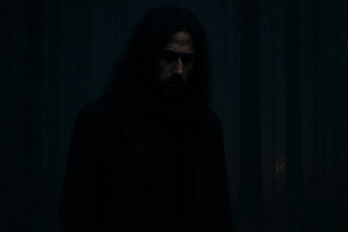 Ein Mann mit langen dunklen Haaren steht in einem düsteren, nebligen Wald. Die Szene wirkt melancholisch und geheimnisvoll, im Hintergrund flackert ein schwaches Licht.