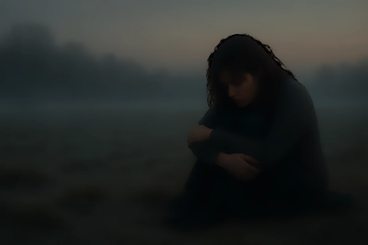 Frau sitzt traurig und einsam in einer nebligen Landschaft bei Dämmerung.