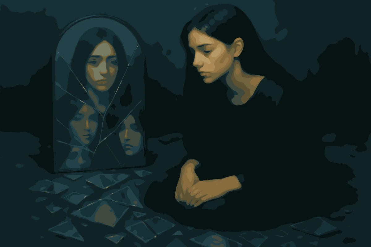Junges Mädchen sitzt vor einem zerbrochenen Spiegel, umgeben von Scherben, die ihr Gesicht in Fragmenten reflektieren.